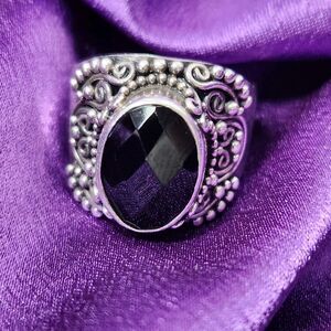 Suarti Bali Ring Sterling Silver BA Onyx Faceted Oval Pebbled Fillagree size 9